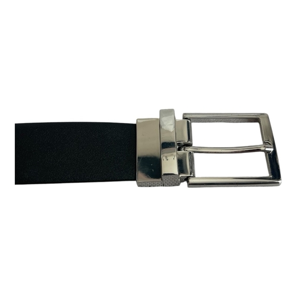 Men’s Belt Reversible Black/Brown Leather Belt Silver Square Buckle Dress Belt - Picture 4 of 5
